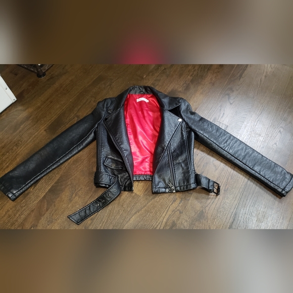 L’ecole des Femmes Vegan Leather Black Moto Jacket Red Satin Interior Lining S - Picture 5 of 10